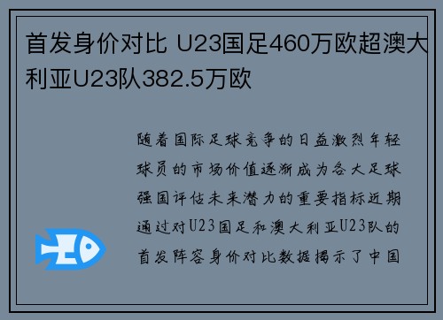 首发身价对比 U23国足460万欧超澳大利亚U23队382.5万欧